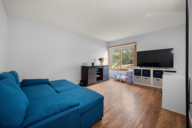 living area with baseboards and wood finished floors