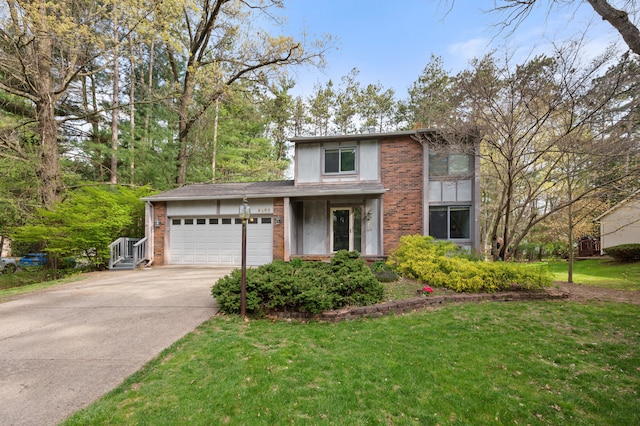 traditional-style house with brick siding, a garage, driveway, and a front yard