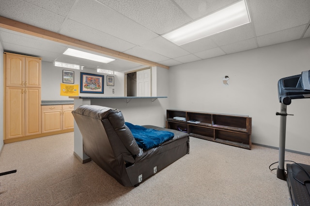 carpeted living room with a paneled ceiling