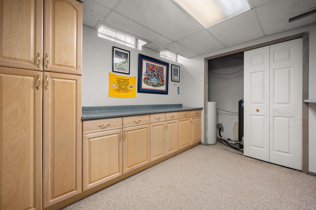 interior space featuring light colored carpet, light brown cabinetry, visible vents, and dark countertops