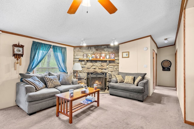 carpeted living room featuring crown molding, a ceiling fan, and a textured ceiling