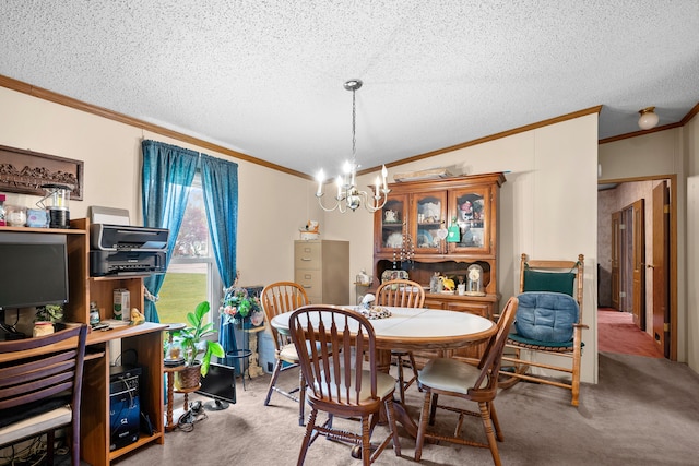 dining room with crown molding, carpet flooring, a textured ceiling, and a chandelier