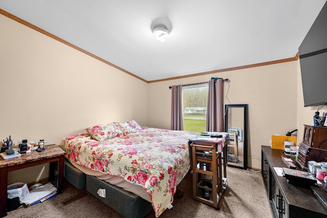 bedroom featuring crown molding, baseboards, and light colored carpet