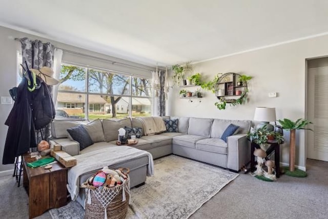 living room with baseboards and carpet flooring