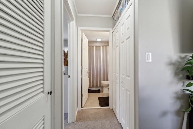 corridor with crown molding and light carpet