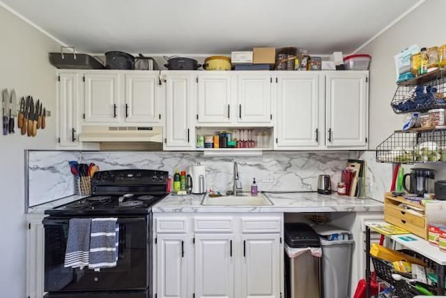 kitchen with open shelves, light countertops, under cabinet range hood, a sink, and black / electric stove