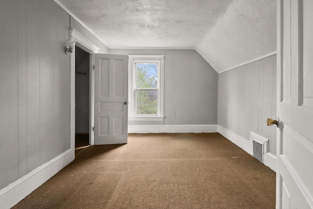 additional living space with visible vents, a textured ceiling, carpet floors, and lofted ceiling