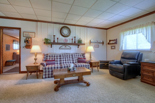 carpeted living room featuring ornamental molding