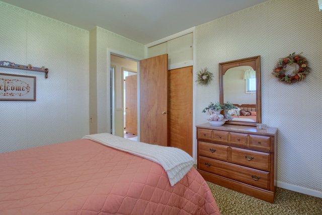 bedroom with carpet floors, baseboards, and a closet