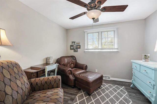 living area featuring baseboards, ceiling fan, dark wood-style floors, and visible vents