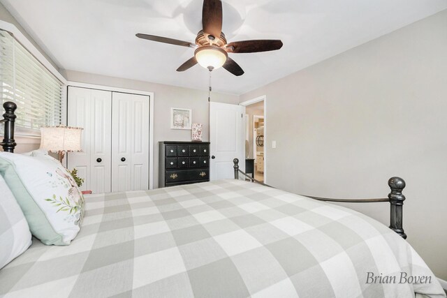 bedroom featuring a ceiling fan and a closet