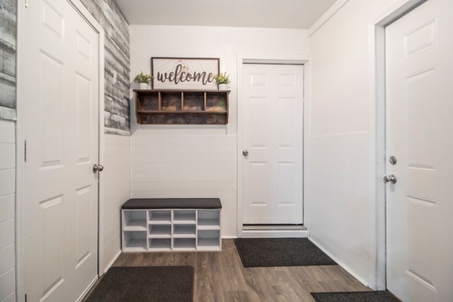 mudroom with wood finished floors