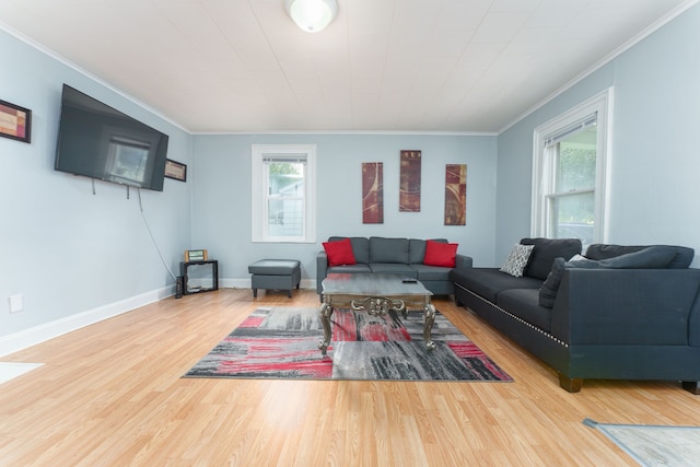living area featuring crown molding, baseboards, and wood finished floors