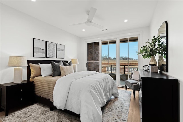 bedroom featuring access to exterior, recessed lighting, a ceiling fan, light wood-type flooring, and visible vents