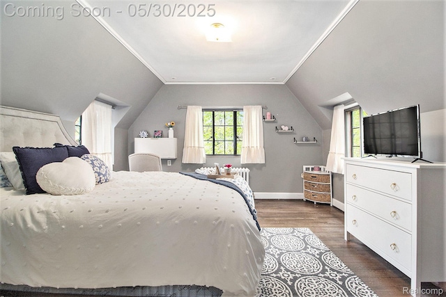 1301 Bishop Rd, Grosse Pointe Park, MI 48230 - bedroom with dark wood-type flooring, vaulted ceiling, and baseboards