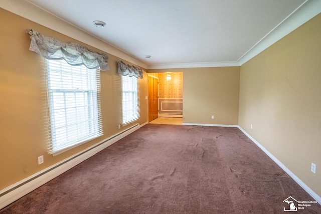 3336 Springdale St, Lambertville, MI 48144 - carpeted spare room featuring baseboards, crown molding, and a baseboard heating unit