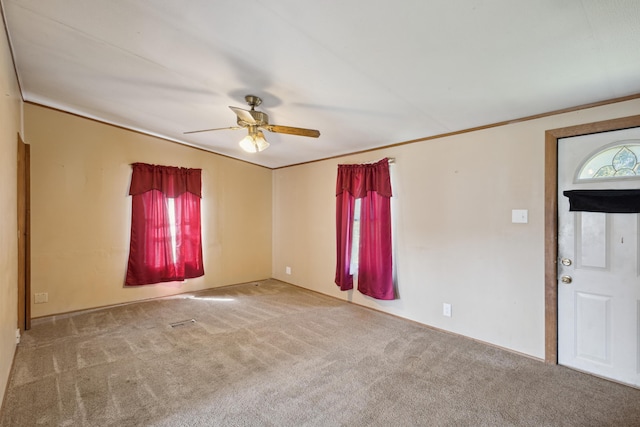 unfurnished room with ceiling fan, carpet, and a wealth of natural light