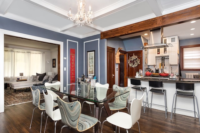 dining room with an inviting chandelier, recessed lighting, beamed ceiling, dark wood-style floors, and coffered ceiling