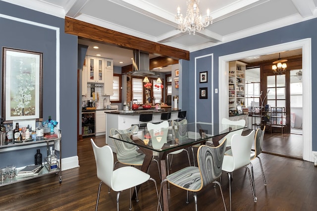 dining room featuring crown molding, coffered ceiling, dark wood-type flooring, and a notable chandelier