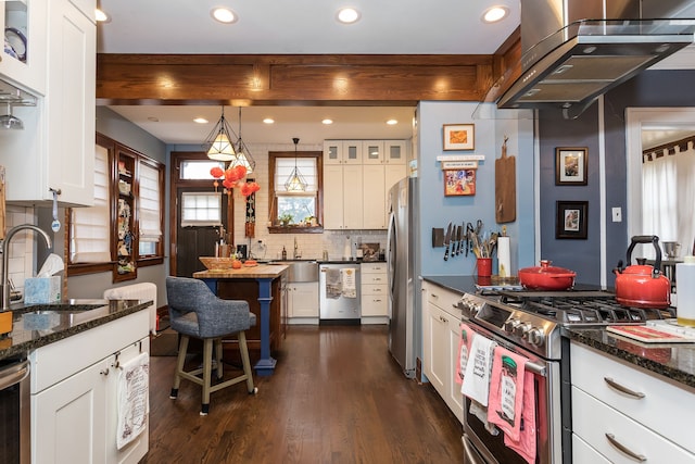 kitchen featuring backsplash, appliances with stainless steel finishes, range hood, a sink, and white cabinetry