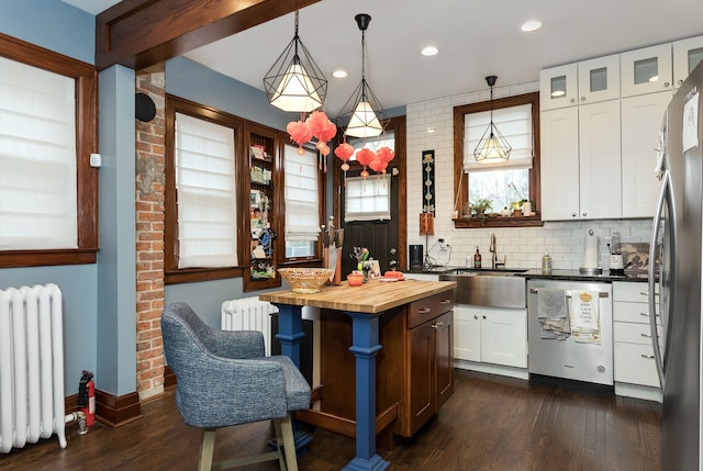 kitchen with butcher block counters, radiator heating unit, dark wood-style floors, a sink, and stainless steel appliances