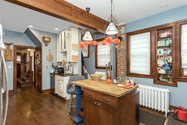 kitchen featuring radiator heating unit, wood counters, dark wood-style flooring, and glass insert cabinets