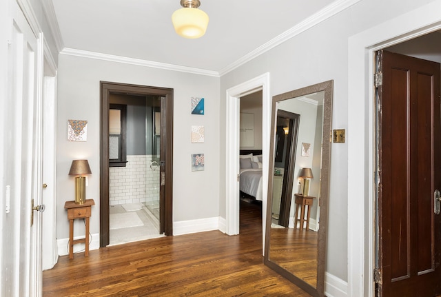 corridor featuring crown molding, baseboards, and dark wood-type flooring
