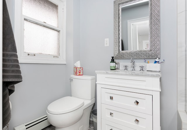 bathroom with vanity, baseboard heating, and toilet