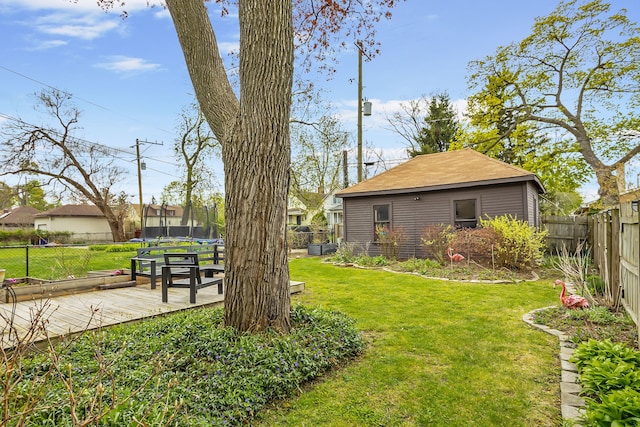 view of yard featuring a deck, a fenced backyard, and a trampoline