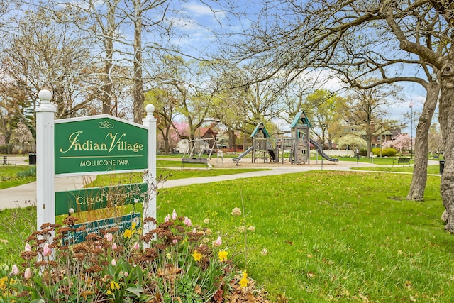view of home's community featuring playground community and a yard
