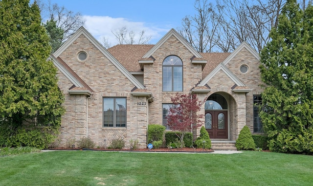 view of front facade with brick siding, roof with shingles, french doors, and a front yard
