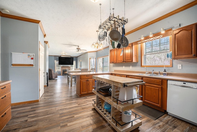 kitchen featuring crown molding, white dishwasher, a ceiling fan, and a sink