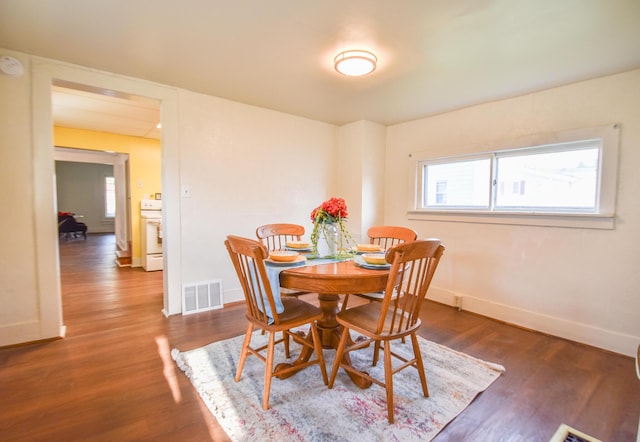 dining room featuring visible vents, baseboards, and wood finished floors