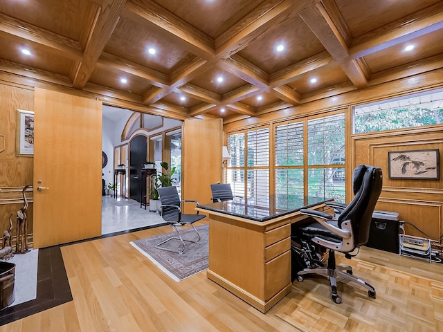 17477 Iris Cir, Clinton Township, MI 48036 - home office with wood ceiling, recessed lighting, beam ceiling, light wood-type flooring, and arched walkways