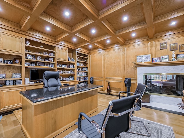17477 Iris Cir, Clinton Township, MI 48036 - office with light wood finished floors, wooden ceiling, beam ceiling, recessed lighting, and coffered ceiling