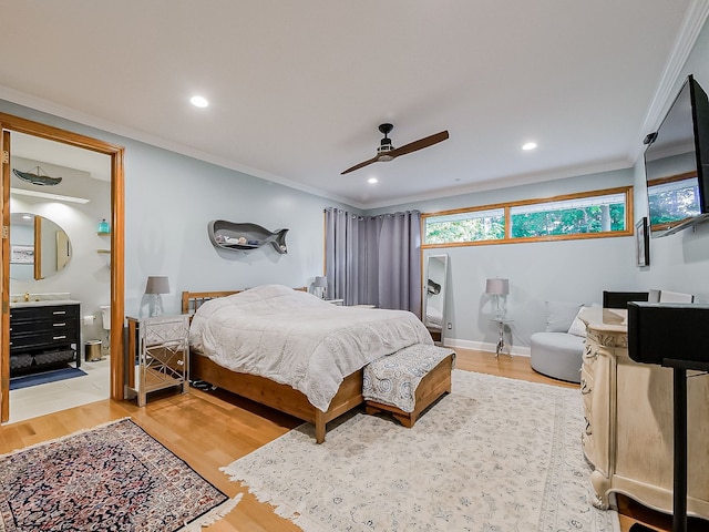 17477 Iris Cir, Clinton Township, MI 48036 - bedroom with ornamental molding, light wood-type flooring, recessed lighting, ensuite bath, and ceiling fan