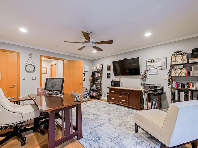 17477 Iris Cir, Clinton Township, MI 48036 - office area featuring a ceiling fan, light wood finished floors, recessed lighting, and crown molding