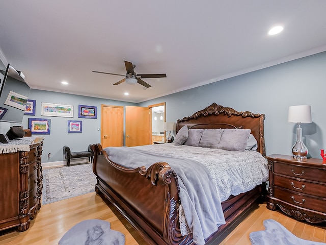 17477 Iris Cir, Clinton Township, MI 48036 - bedroom with light wood-style floors, recessed lighting, crown molding, and ceiling fan