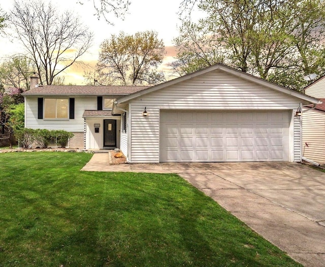 view of front of property featuring roof with shingles, an attached garage, a chimney, and a lawn