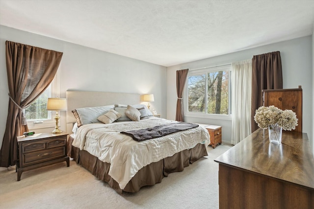 bedroom with multiple windows and light carpet