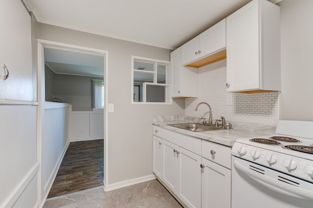 1298 E Highland Rd, Highland, MI 48356 - kitchen with electric stove, a sink, light countertops, decorative backsplash, and white cabinets