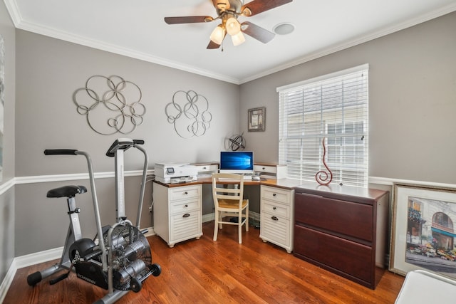 29044 Thistle Ln, Harrison Township, MI 48045 - office area with crown molding, a ceiling fan, and dark wood finished floors