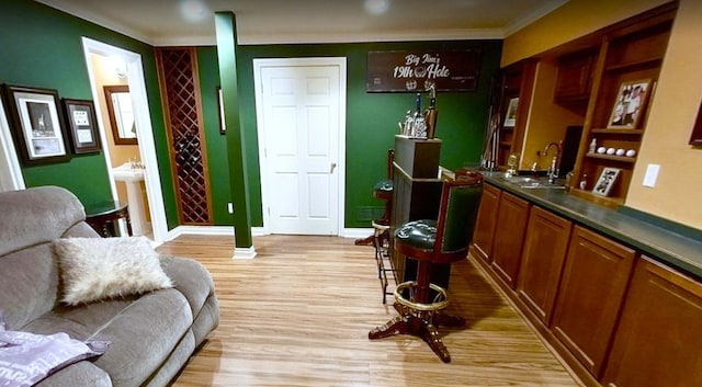 29044 Thistle Ln, Harrison Township, MI 48045 - bar with light wood-type flooring, a sink, baseboards, indoor wet bar, and ornamental molding