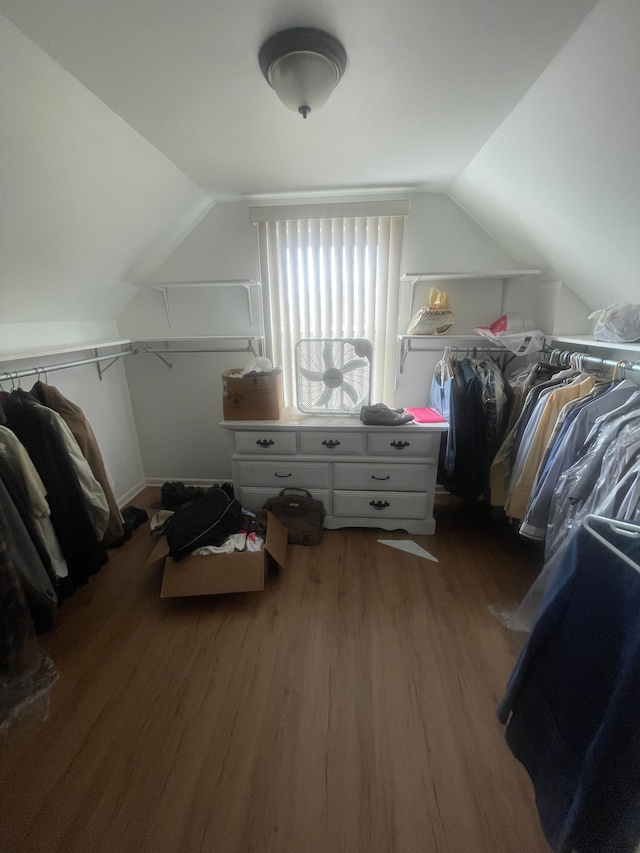 spacious closet featuring vaulted ceiling and wood finished floors