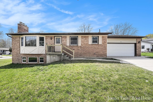 view of front of property featuring a garage, a front yard, a chimney, and concrete driveway