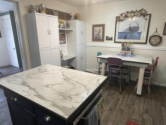 kitchen with white cabinetry, open shelves, dark wood finished floors, and wainscoting