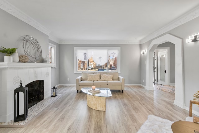 16509 Northlawn St, Detroit, MI 48221 - living room with crown molding, a fireplace, baseboards, light wood-type flooring, and arched walkways
