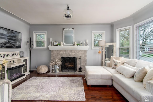 living room with a tiled fireplace, wood finished floors, and a wealth of natural light