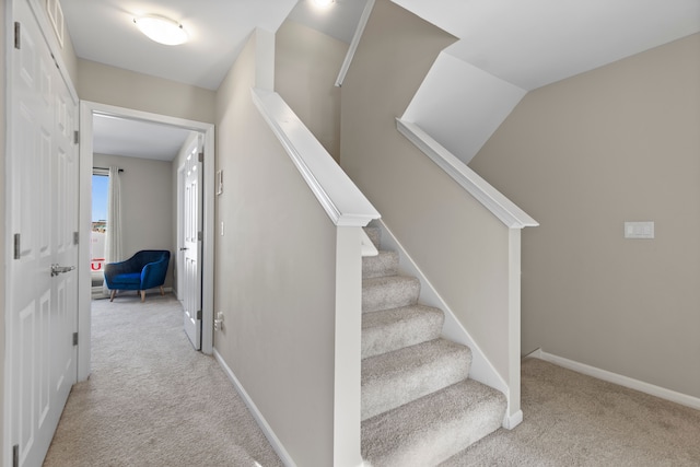staircase featuring baseboards and carpet flooring