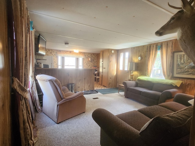 1837 9 Mile Rd, Sears, MI 49679 - living area with carpet floors, wooden walls, plenty of natural light, and wallpapered walls